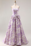 Floral Lilac Jacquard Strapless A Line Long Prom Dress with Bow