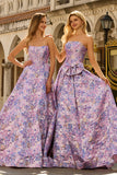 Floral Lilac Jacquard Strapless Maxi Corset Prom Dress with Bow