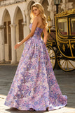 Floral Lilac Jacquard Strapless Maxi Corset Prom Dress with Bow