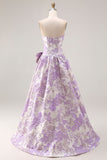 Floral Lilac Jacquard Strapless A Line Long Prom Dress with Bow
