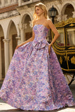 Floral Lilac Jacquard Strapless Maxi Corset Prom Dress with Bow