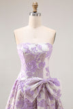 Floral Lilac Jacquard Strapless A Line Long Prom Dress with Bow