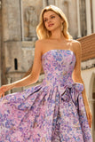 Floral Lilac Jacquard Strapless Maxi Corset Prom Dress with Bow