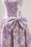 Floral Lilac Jacquard Strapless A Line Long Prom Dress with Bow