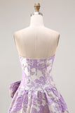 Floral Lilac Jacquard Strapless A Line Long Prom Dress with Bow