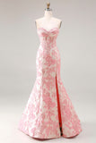 Floral Ivory and Pink Mermaid Jacquard Long Corset Sweetheart Prom Dress with Slit