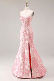 Floral Ivory and Pink Mermaid Jacquard Long Corset Sweetheart Prom Dress with Slit