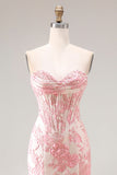 Floral Ivory and Pink Mermaid Jacquard Long Corset Sweetheart Prom Dress with Slit