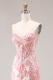 Floral Ivory and Pink Mermaid Jacquard Long Corset Sweetheart Prom Dress with Slit