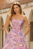 Floral Lilac Jacquard Strapless A Line Maxi Corset Prom Dress