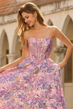 Floral Lilac Jacquard Strapless A Line Maxi Corset Prom Dress