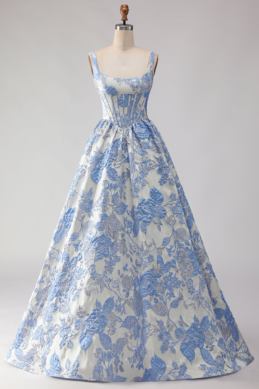 Leely Women Floral Light Blue Jacquard Long Corset Prom Dress A Line
