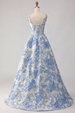 Floral Light Blue Jacquard A Line Maxi Corset Prom Dress