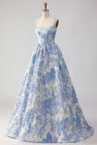 Floral Light Blue Jacquard A Line Maxi Corset Prom Dress
