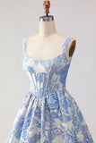 Floral Light Blue Jacquard A Line Maxi Corset Prom Dress