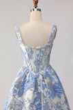 Floral Light Blue Jacquard A Line Maxi Corset Prom Dress