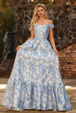 Floral Light Blue Jacquard Off the Shoulder Maxi Corset Prom Dress