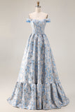 Floral Light Blue Jacquard A Line Off the Shoulder Long Corset Prom Dress