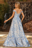 Floral Light Blue Jacquard Off the Shoulder Maxi Corset Prom Dress