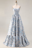 Floral Light Blue Jacquard A Line Off the Shoulder Long Corset Prom Dress