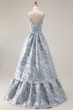 Floral Light Blue Jacquard A Line Off the Shoulder Long Corset Prom Dress