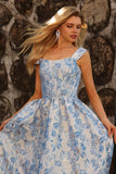 Floral Light Blue Jacquard Off the Shoulder Maxi Corset Prom Dress