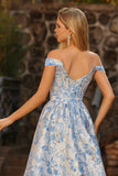 Floral Light Blue Jacquard Off the Shoulder Maxi Corset Prom Dress