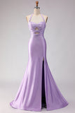 Sparkly Lilac Satin Mermaid Halter Neck Beaded Long Prom Dress with Slit