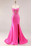 Sparkly Hot Pink Mermaid Sweetheart Long Prom Dress with Rhinestone
