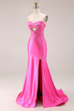 Sparkly Hot Pink Mermaid Sweetheart Long Prom Dress with Rhinestone