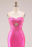 Sparkly Hot Pink Mermaid Sweetheart Long Prom Dress with Rhinestone