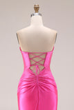 Sparkly Hot Pink Mermaid Sweetheart Long Prom Dress with Rhinestone