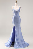 Sparkly Light Blue Beaded Mermaid Maxi Corset Prom Dress with Slit