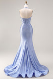 Sparkly Light Blue Beaded Mermaid Maxi Corset Prom Dress with Slit