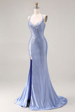 Sparkly Light Blue Beaded Mermaid Maxi Corset Prom Dress with Slit