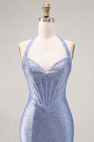 Sparkly Light Blue Beaded Mermaid Maxi Corset Prom Dress with Slit