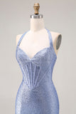 Sparkly Light Blue Beaded Mermaid Maxi Corset Prom Dress with Slit