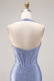 Sparkly Light Blue Beaded Mermaid Maxi Corset Prom Dress with Slit