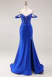 Royal Blue Mermaid Corset Ruched Maxi Prom Dress with Slit