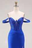 Royal Blue Mermaid Corset Ruched Maxi Prom Dress with Slit