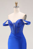 Royal Blue Mermaid Corset Ruched Maxi Prom Dress with Slit