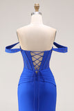 Royal Blue Mermaid Corset Ruched Maxi Prom Dress with Slit