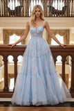 Blue Ruched Floral Spaghetti Straps Tulle A Line Long Prom Dress