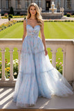 Blue Ruched Floral Spaghetti Straps Tulle A Line Long Prom Dress