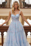 Blue Ruched Floral Spaghetti Straps Tulle A Line Long Prom Dress