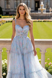 Blue Ruched Floral Spaghetti Straps Tulle A Line Long Prom Dress