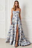 Blue Floral Strapless Satin A Line Long Prom Dress with Slit