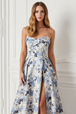 Blue Floral Strapless Satin A Line Long Prom Dress with Slit