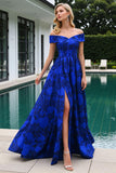 Royal Blue Floral Long Prom Dress with Slit