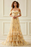 Yellow Flower Long Tiered Prom Dress with Ruffles